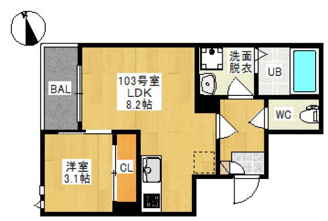 GRANDTICオーシャン富田(1LDK/1階)の間取り写真