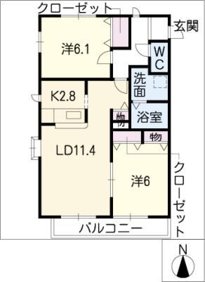 ラ・ジェンヌ イースト棟(2LDK/2階)の間取り写真