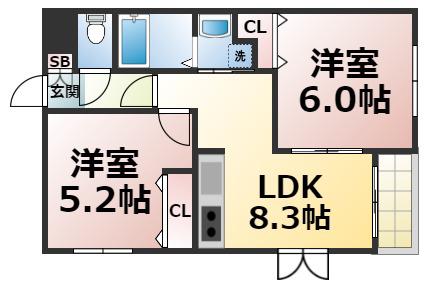 リースターハイツ(2LDK/4階)の間取り写真