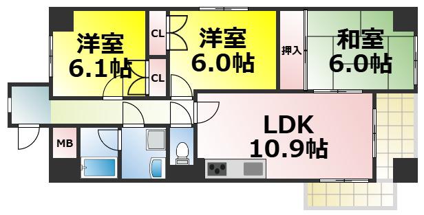 ヴィテイユメゾン成尾(2SLDK/9階)の間取り写真
