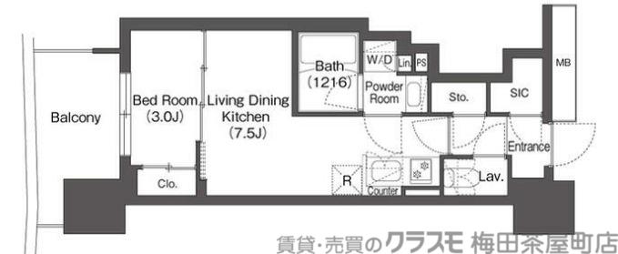 コンフォリア・リヴ本町ウエストQ(1DK/9階)の間取り写真