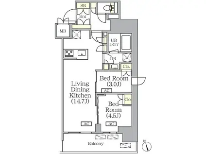 プライムガーデン銀座八丁堀(2LDK/9階)の間取り写真