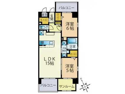 西鉄天神大牟田線 高宮駅(福岡) 徒歩5分 9階建 築2年(2LDK/2階)の間取り写真