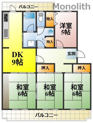 泉北城山台2丁12号棟(4DK/1階)の間取り写真