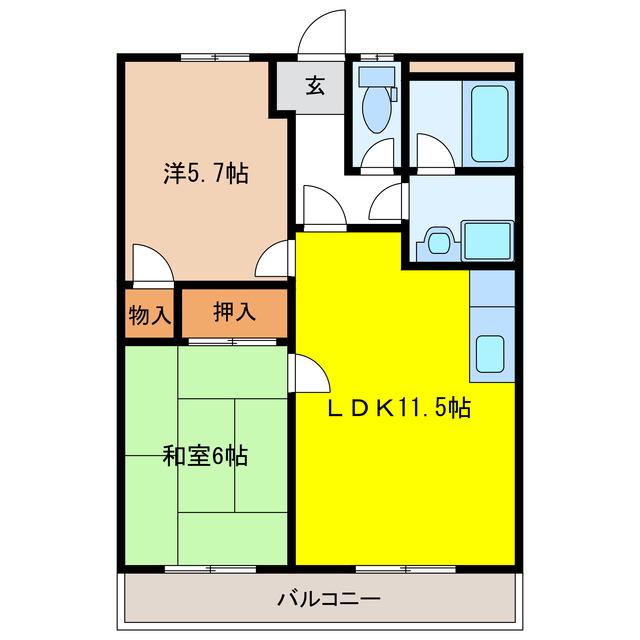 ハイツ園城(2LDK/3階)の間取り写真