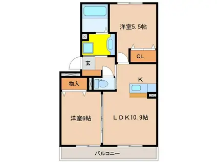 ウエスト ヴィレッジII B棟(2LDK/1階)の間取り写真