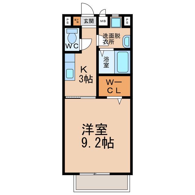 プランドールB棟(1K/2階)の間取り写真