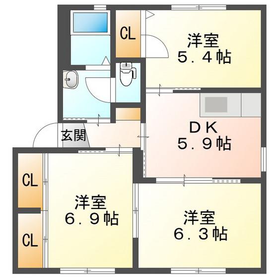 カームエイト F棟(3DK/1階)の間取り写真