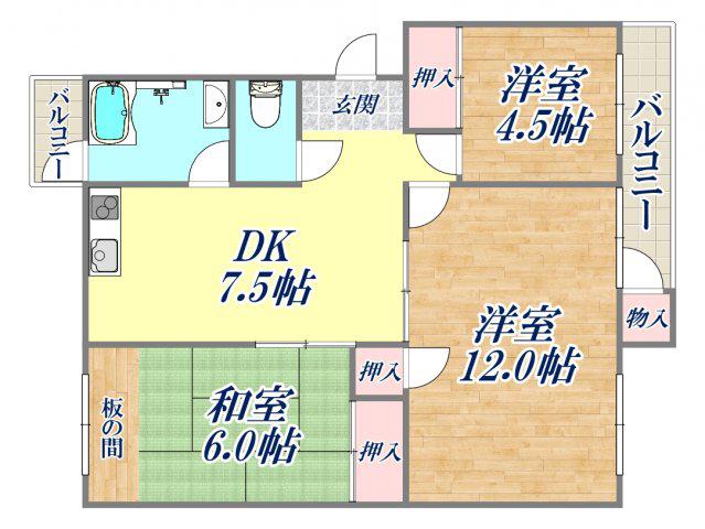 東仁川団地2号棟(3DK/3階)の間取り写真
