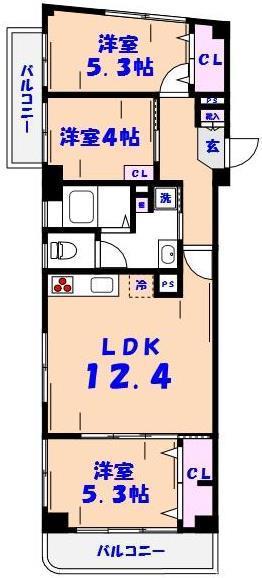 市川真間マンション(3LDK/5階)の間取り写真