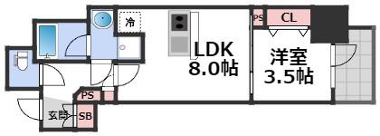レジュールアッシュ谷町四丁目グランクラス(1LDK/4階)の間取り写真