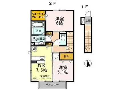 豊橋鉄道東田本線 運動公園前駅(愛知) 徒歩29分 2階建 築13年(2DK/2階)の間取り写真