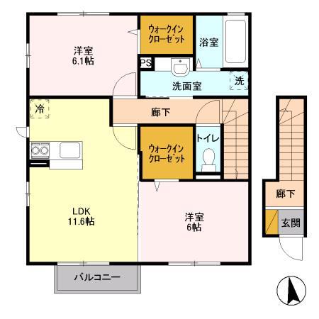 ヴィラージュ学園 B棟(2LDK/2階)の間取り写真