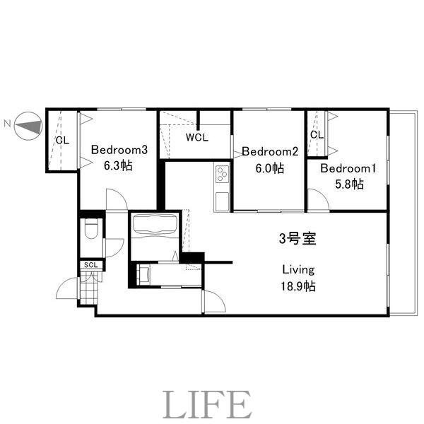 ZABO HILLS MINAMI6JO(3LDK/2階)の間取り写真