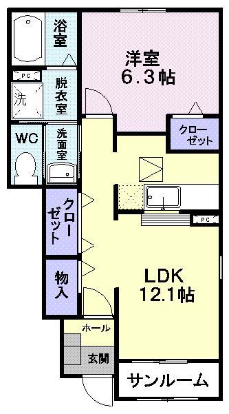 アムールモコ(1LDK/1階)の間取り写真
