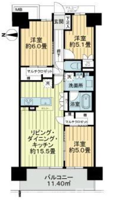 なかもずオールズ ディアコート(3LDK/7階)の間取り写真