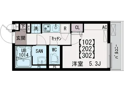 イクシオひばりヶ丘(1K/2階)の間取り写真