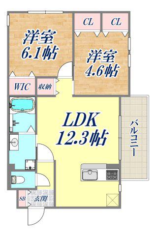 ブル・マリーノ衣掛(2LDK/3階)の間取り写真