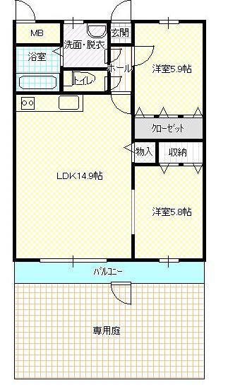 ループサイド(2LDK/1階)の間取り写真