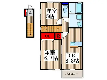 ペットケアビレッジ小手指南C棟(2DK/2階)の間取り写真