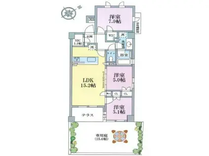 京王井の頭線 永福町駅 徒歩5分 4階建 築10年(3LDK/1階)の間取り写真