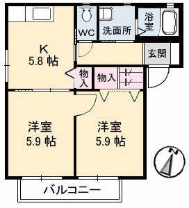シャルマン C棟(2K/2階)の間取り写真