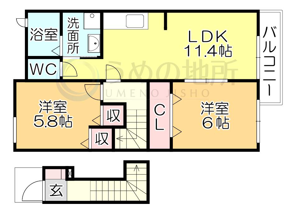 グリーンハイツ鷹取(2LDK/2階)の間取り写真