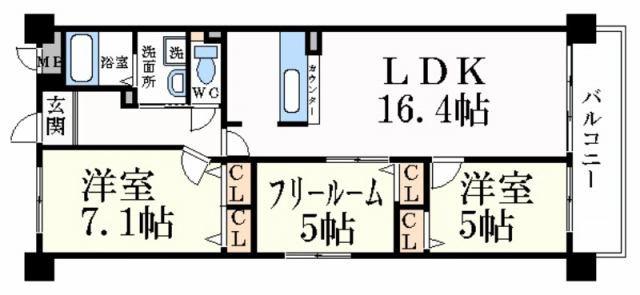 キャッスルコート国府寺町(3LDK/7階)の間取り写真