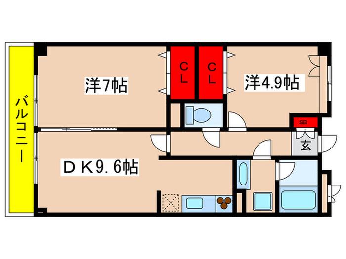 グランディールはるひ野(2DK/4階)の間取り写真