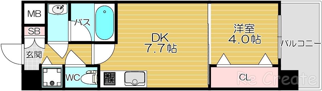 グランカーサ難波元町(1DK/8階)の間取り写真