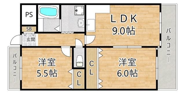 センターヒル千舟(2LDK/9階)の間取り写真