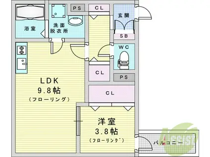 クレール塚本(1LDK/3階)の間取り写真