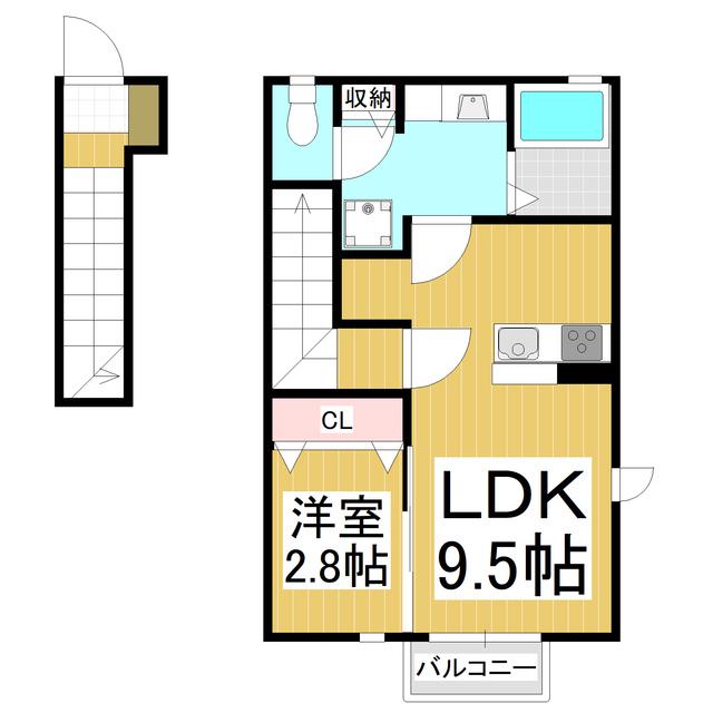 グラースタウン三本柳(1LDK/2階)の間取り写真
