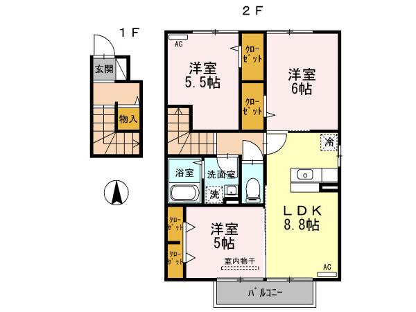 クリサンス(3DK/2階)の間取り写真