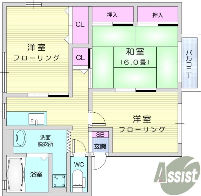 シティハイム シャトル B棟(3K/2階)の間取り写真