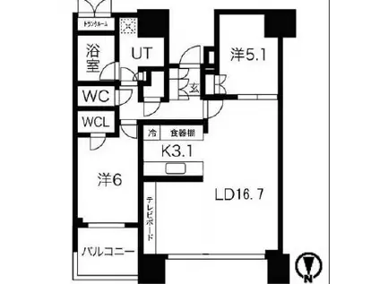 タワーマンション  高層階 眺望良好  2LDK(2LDK/46階)の間取り写真