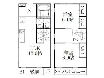 THE ORCHARD YAHATA B棟(2SLDK/1階)の間取り写真