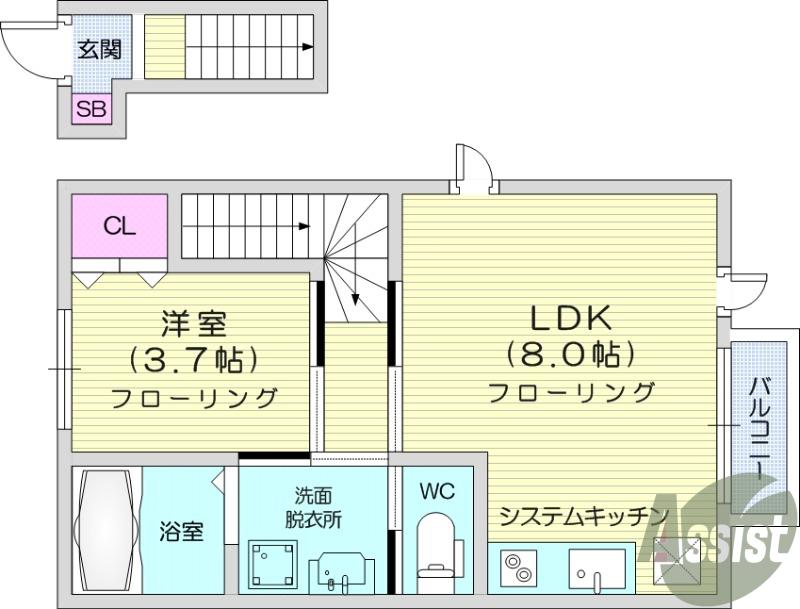 コンフォール萩野町(1LDK/2階)の間取り写真