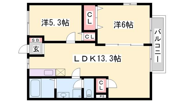アーバンライフ旭陽B(2LDK/1階)の間取り写真