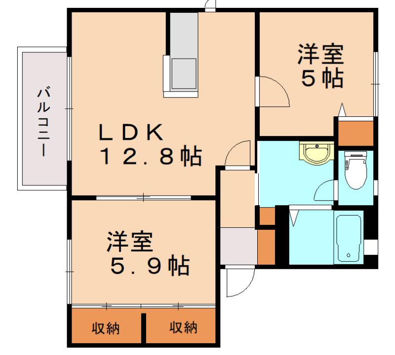 ディアスゆうきC棟(2LDK/2階)の間取り写真