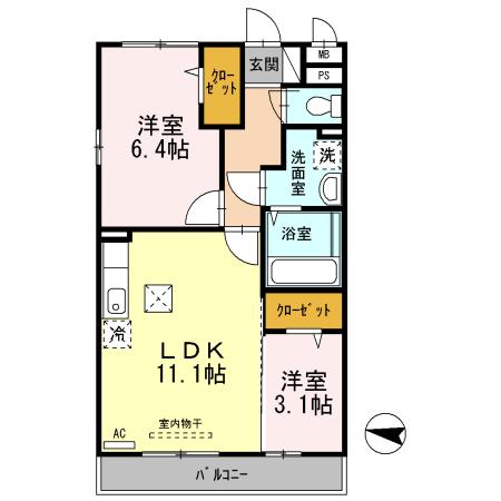 ラヴィール・メゾン(2LDK/2階)の間取り写真