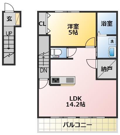 JOUER DUO ヴィルヌーブ(1LDK/2階)の間取り写真