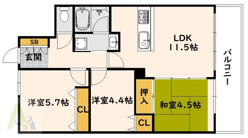 サンコート花山(3LDK/4階)の間取り写真