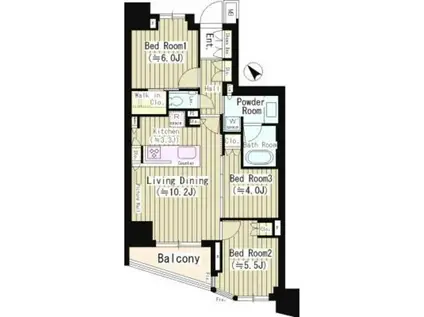 ブランズ国立(3LDK/10階)の間取り写真