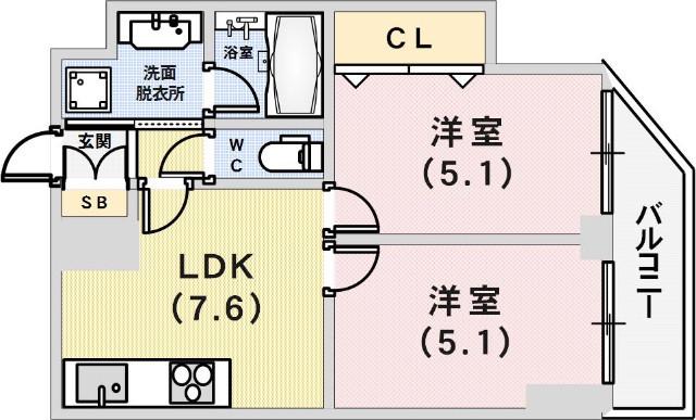 ロイヤルヒル神戸三ノ宮II(2LDK/12階)の間取り写真
