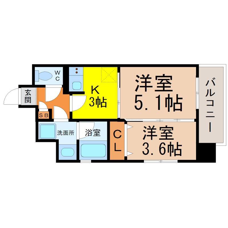 カレント茶屋が坂(2K/10階)の間取り写真