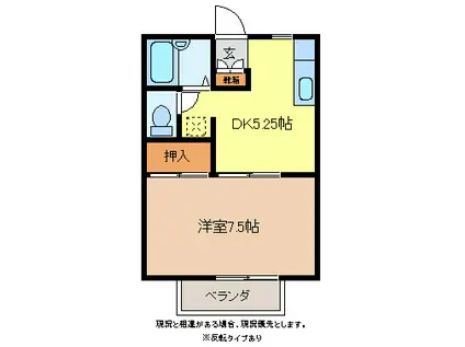 シャルム若里A棟(1DK/2階)の間取り写真