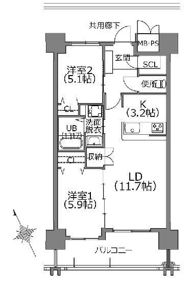 クラシオン小笹山手4番館(2LDK/7階)の間取り写真