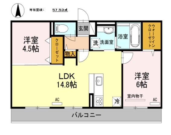 カーサ古室(2LDK/1階)の間取り写真