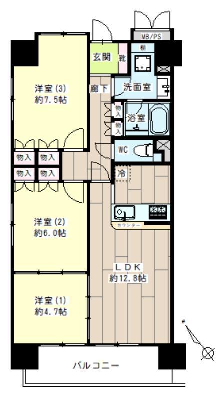 サンリバーオオモリ(3LDK/6階)の間取り写真